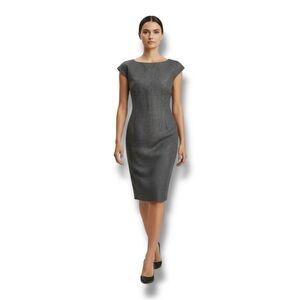Façonnable Gray Linen Cotton Sheath Dress Size 6 Midi Cap Sleeve Boat Neck